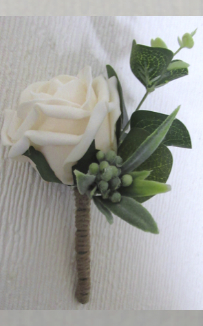 Cream rose with foliage buttonhole, cream artificial buttonhole